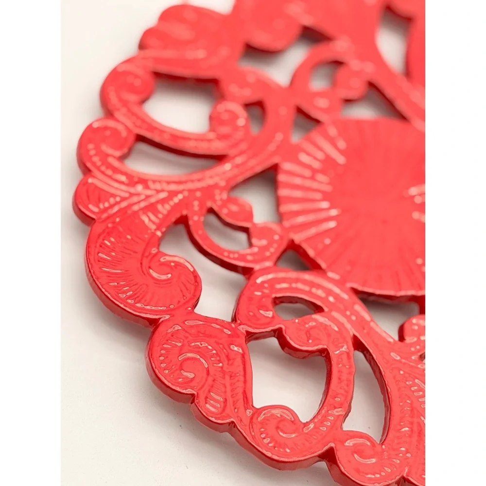 Vintage Red Cast Iron Trivet Round Enamel Filigree Scrollwork 8 Inch Hot Pad
